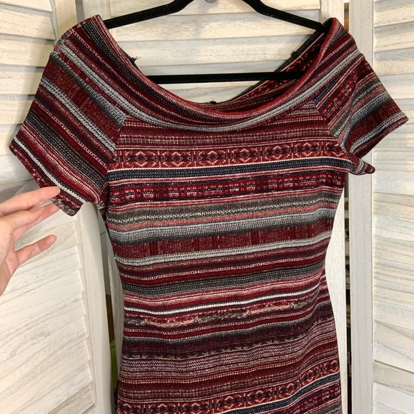 Papaya Burgundy Gray Striped Print Off Shoulder Bodycon Mini Dress L - Picture 5 of 11
